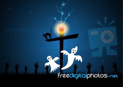 Halloween White Ghost Cross Thunderbolt Zombie Hand Graveyard Stock Image