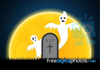 Halloween White Ghost Gravestone Moon Graveyard Stock Image