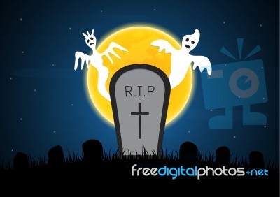 Halloween White Ghost Gravestone Moon Graveyard Stock Image