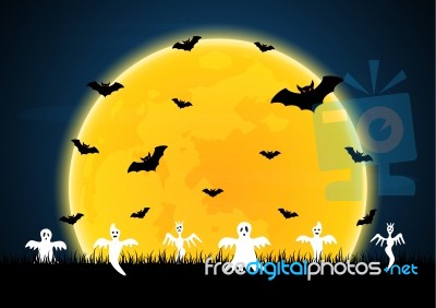 Halloween White Ghost Moon Bat Graveyard Stock Image