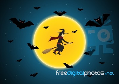 Halloween Witch Broom Moon Bat  Stock Image