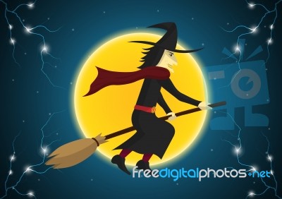 Halloween Witch Broom Moon Thunderbolt  Stock Image