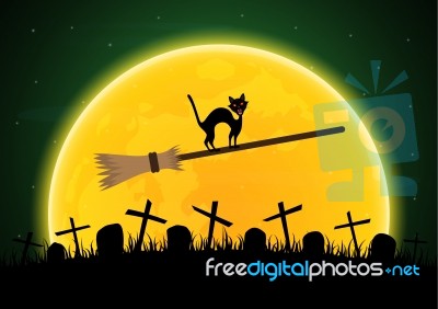 Halloween Witch Broomstick Graveyard Cat Moon Gravestone Backgro… Stock Image