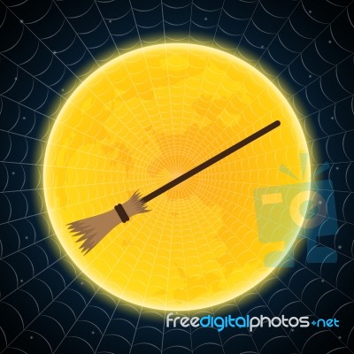 Halloween Witch Broomstick Moon Spider Web Background Stock Image