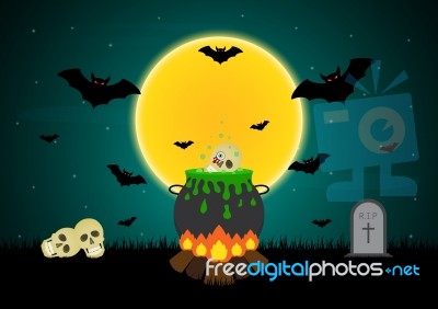 Halloween Witch Cauldron Bat Skull Gravestone  Stock Image