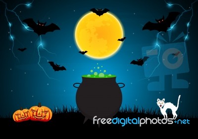 Halloween Witch Cauldron Pumpkin Cat  Stock Image