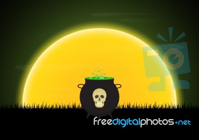 Halloween Witch Cauldron Skull Moon  Stock Image