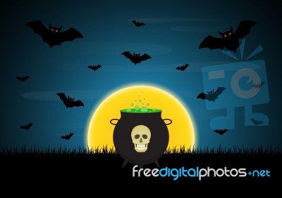 Halloween Witch Cauldron Skull Moon Bat  Stock Image