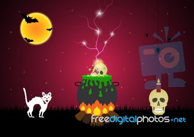 Halloween Witch Cauldron Skull Spider Cat Bat Moon  Stock Image