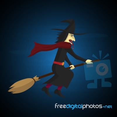 Halloween Witch Flying On Broom Stock Image