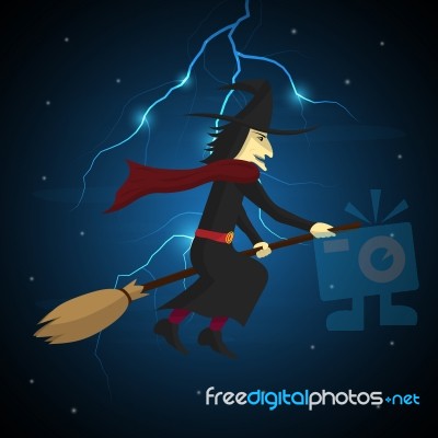 Halloween Witch Flying On Broom And Thunderbolt Stock Image