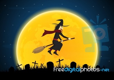 Halloween Witch On Broom Moon Graveyard Stock Image