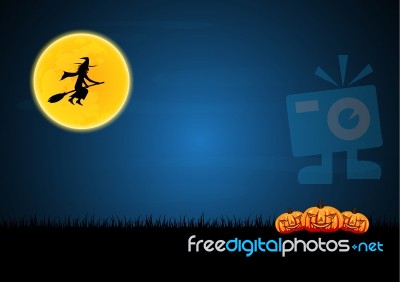 Halloween Witch On Broom Moon Pumpkin Graveyard Stock Image