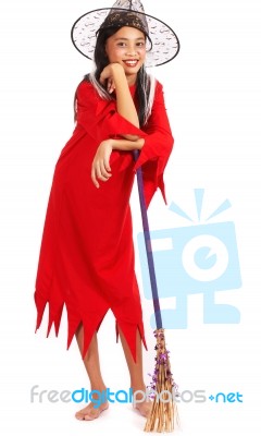 Halloween Witch With Broomstick Stock Photo