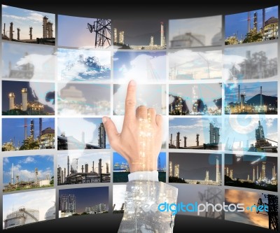 Hand Businessman Click Choice World Map Network Of Industry Stock Photo