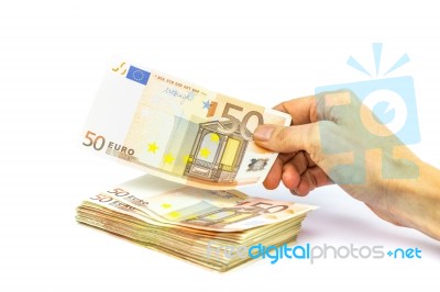 Hand Counting Or Paying Euro Notes Stock Photo