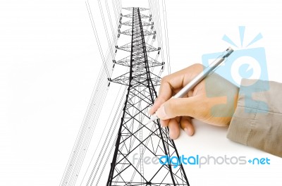 Hand Draw High Voltage Power Pole Stock Photo