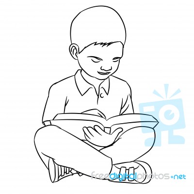 Hand Drawing A Boy Reading -  Illustration Stock Image