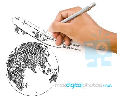 Hand Drawing Airplane For Travel Stock Photo