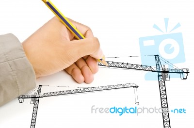 Hand Drawing Crane Line Stock Photo