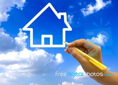 Hand Drawing House Icon On Blue Sky Stock Image