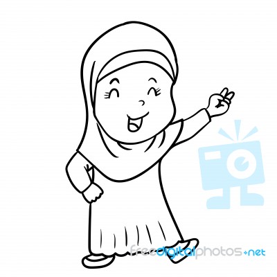 Hand Drawing Muslim Girl Cartoon With Victory Sign - Illus Stock Image