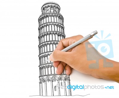 Hand Drawing Pisa Tower Line Stock Photo