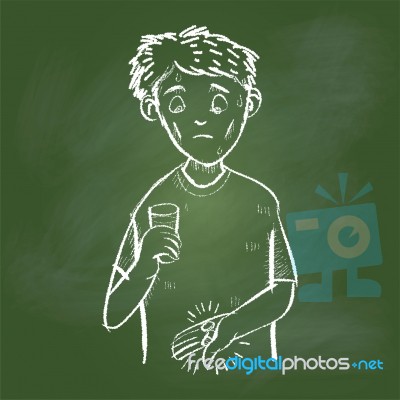 Hand Drawing Sick Man On Green Board - Illustration Stock Image