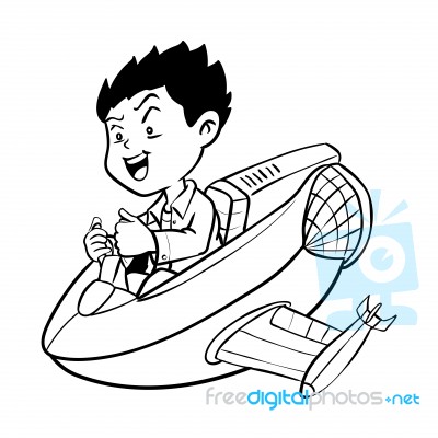 Hand Drawn Boy Drive Aircraft-cartoon Stock Image