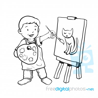 Hand Drawn Cartoon Boy Painter- Illustration Stock Image