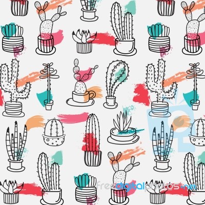 Hand Drawn Tropical Cactus Pattern Background Stock Image