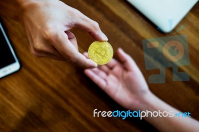 Hand Exchange Golden Metal Bitcoin Crypto Currency Investment- S… Stock Photo