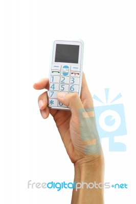 Hand Held Press Button Mobile Telephone On White Background Stock Photo