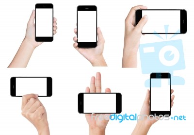 Hand Hold Black Modern Smart Phone Show Screen Display Isolated Set Stock Photo