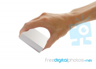 Hand Hold Cards Stack On White Background Stock Photo