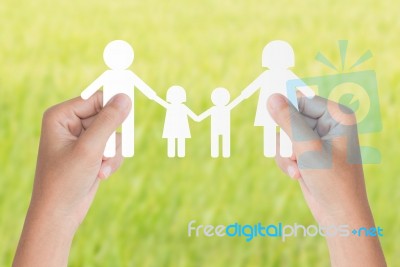 Hand Hold Family Model Over Green Background Stock Photo