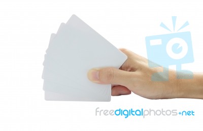 Hand Hold Five Blank Cards On White Background Stock Photo