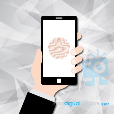 Hand Hold Mobile Phone With Fingerprint Scan Stock Image