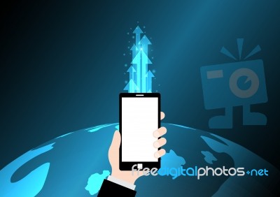 Hand Hold Mobile Phone With Globe And Arrow Stock Image