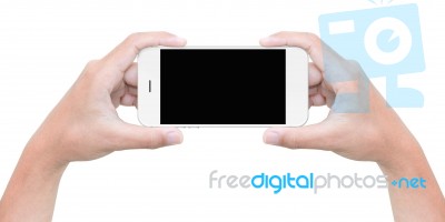 Hand Hold Phone Isolated On White With Clipping Path Inside Stock Photo