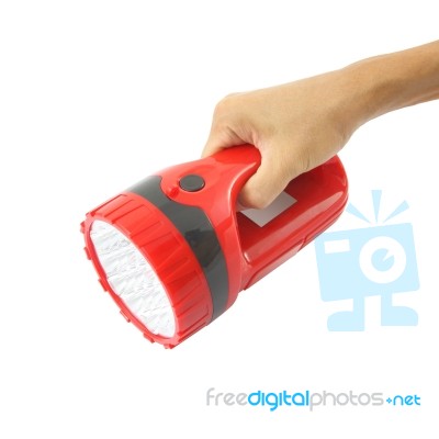 Hand Hold Pocket Flashlight On White Background Stock Photo