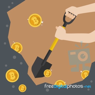 Hand Hold Shovel Digging For Bitcoin Stock Image