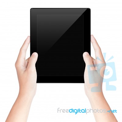 Hand Hold Tablet Screen Isolated White With Clipping Path Inside… Stock Photo