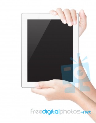 Hand Hold Tablet Digital Isolated White Clipping Path Inside Stock Photo