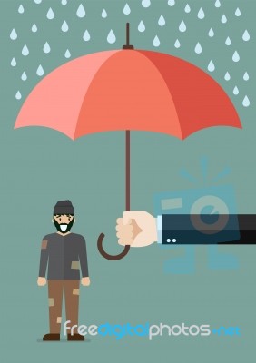 Hand Holding An Umbrella Protecting Poor Man Stock Image