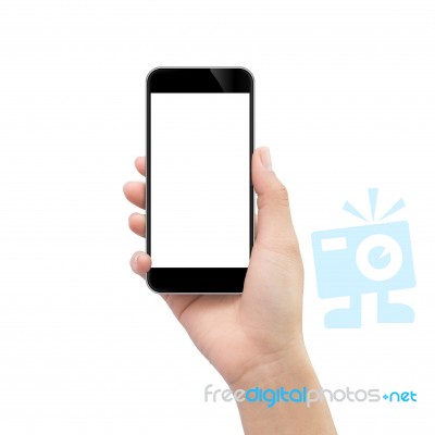 Hand Holding Black Phone Isolated On White Clipping Path Inside Stock Photo