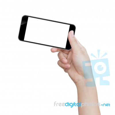 Hand Holding Black Phone Isolated On White Clipping Path Inside Image Data Stock Photo