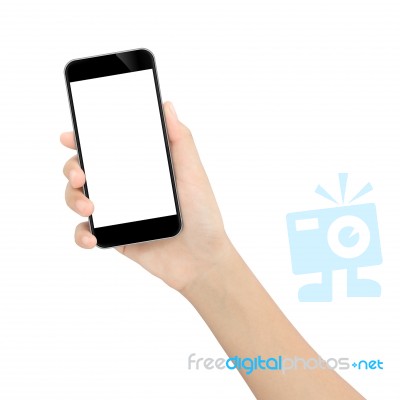 Hand Holding Black Phone Isolated White Clipping Path Inside Stock Photo