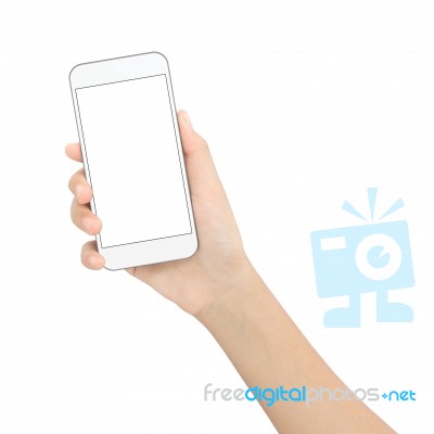 Hand Holding Black Phone Isolated White Clipping Path Inside Stock Photo