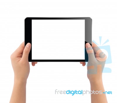 Hand Holding Black Tablet Isolated On White Clipping Path Inside… Stock Photo